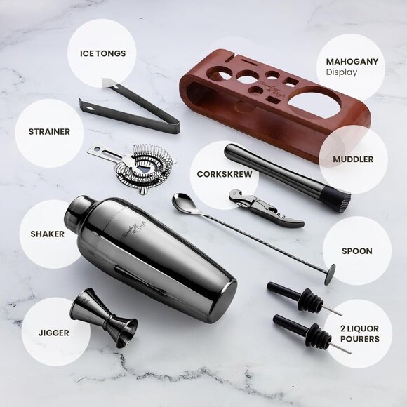 Cocktail Shaker Set with Dark Bamboo Stand - Professional 10-Piece Bartender Kit - Picture 2 of 8